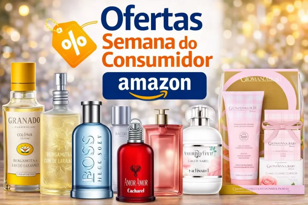 Ofertas Amazon perfumes: banner Semana do Consumidor na Amazon com frascos originais de perfumes em vitrine, tags de desconto e fundo claro estilo editorial.