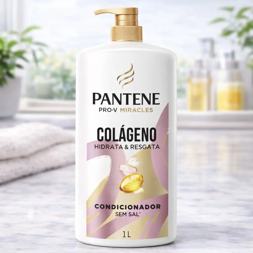Ofertas Amazon Beleza: Pantene Pro-V Miracles Condicionador Colágeno Hidrata e Resgata 1L em frasco com pump, em bancada de banheiro.