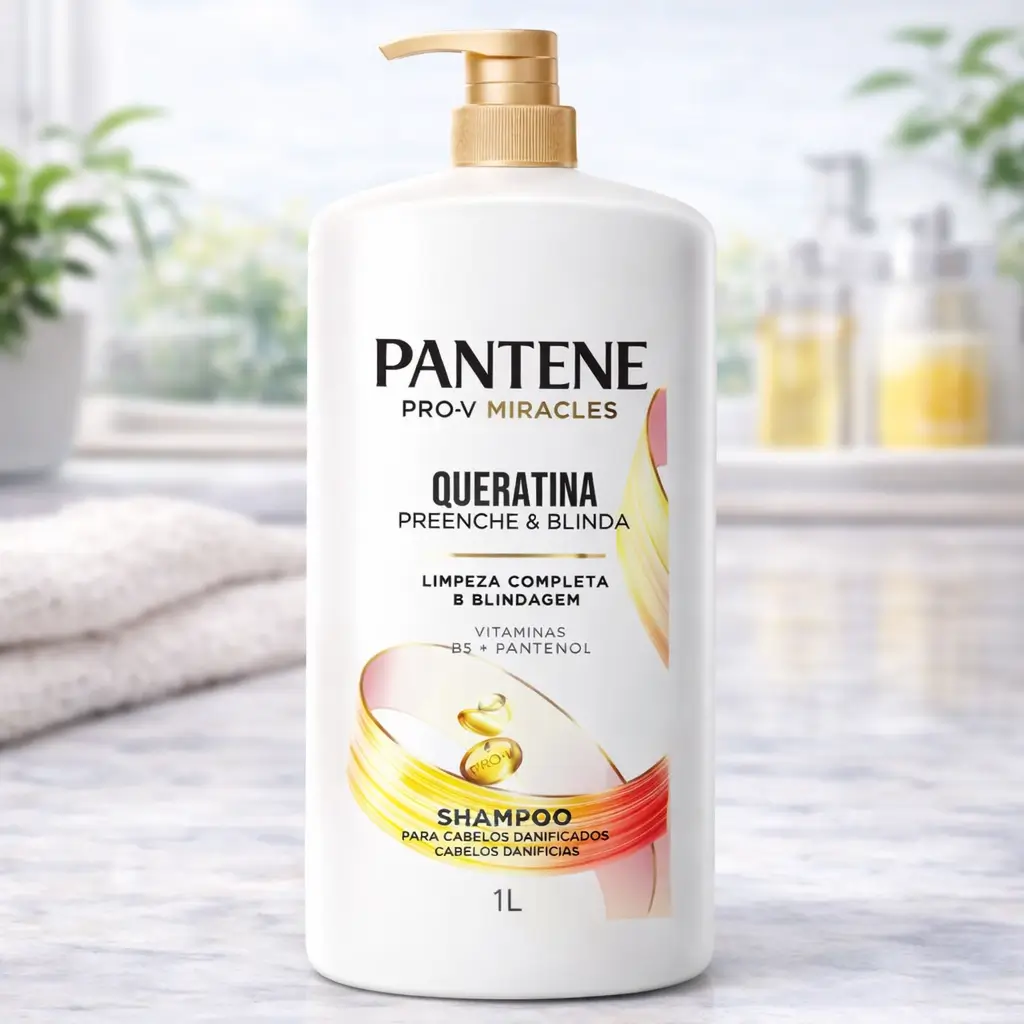 Ofertas Amazon Beleza: Pantene Pro-V Miracles Shampoo Queratina Preenche e Blinda 1L em frasco com pump, em bancada de banheiro.