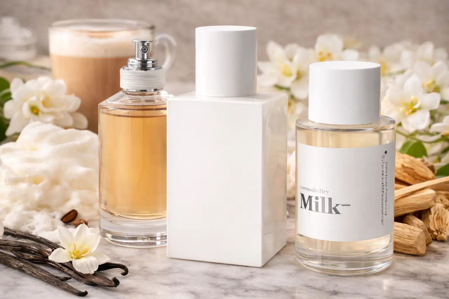 Perfume cremoso em cena clara com três frascos (Replica Coffee Break, Zadig & Voltaire This is Her! e Commodity Milk), leite cremoso, baunilha e flores brancas.