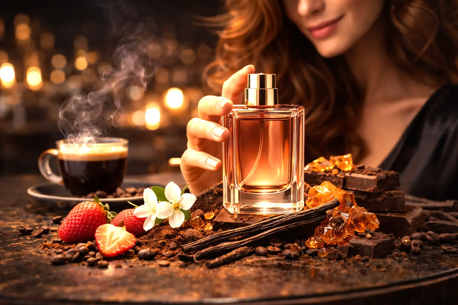 Perfume doce que não enjoa em cenário sofisticado com frasco rosado, morangos, baunilha, chocolate amargo, âmbar e xícara de café.