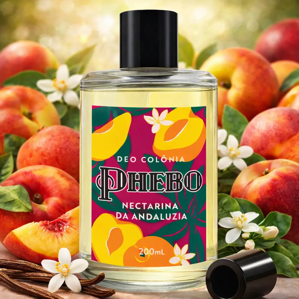 Ofertas Amazon perfumes: frasco da colônia PHEBO Nectarina da Andaluzia 200 ml em cenário com nectarinas frescas, folhas verdes e flores brancas.