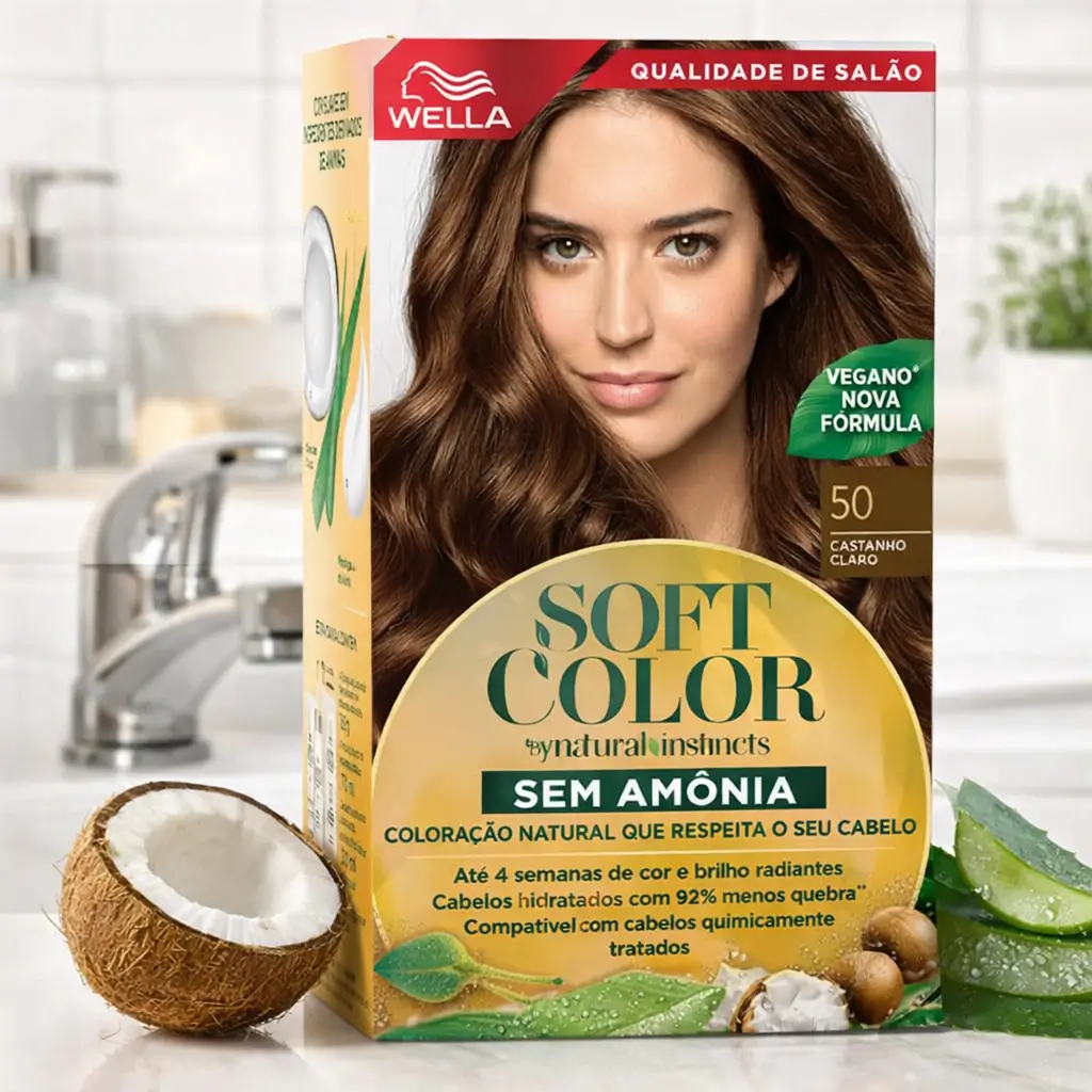 Tonalizante para cabelo branco Soft Color Wella sem amônia, cor 50 castanho claro, com embalagem do produto em destaque.