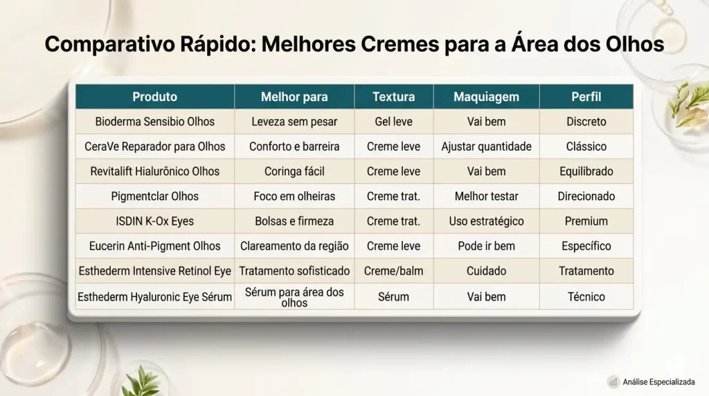 Tabela comparativa dos melhores cremes para a área dos olhos por textura e maquiagem