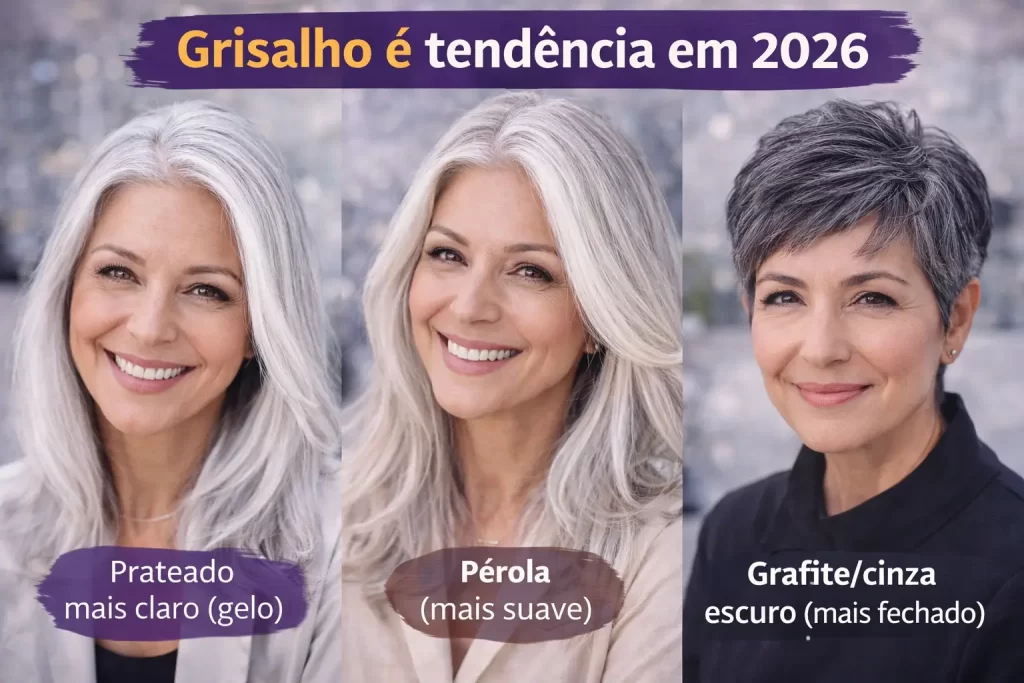 Três tipos de cabelo branco mostrando que grisalho é tendência em 2026
