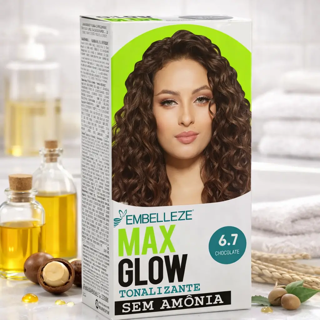 Tonalizante para cabelo branco Embelleze Max Glow sem amônia 6.7 Chocolate, com caixa do produto em destaque em bancada de banheiro.