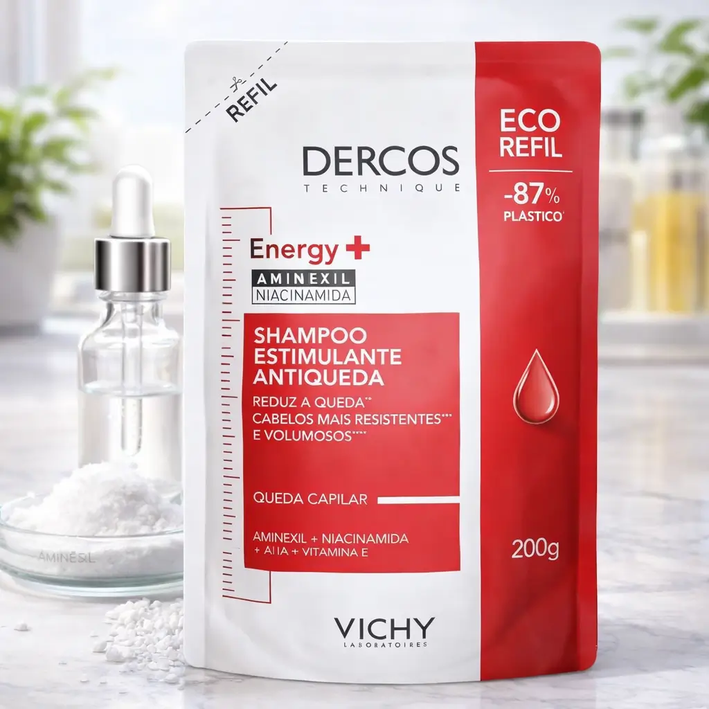 Ofertas Amazon Beleza: refil do shampoo Vichy Dercos Energy+ antqueda 200g em embalagem vermelha e branca, com frasco conta-gotas ao lado.