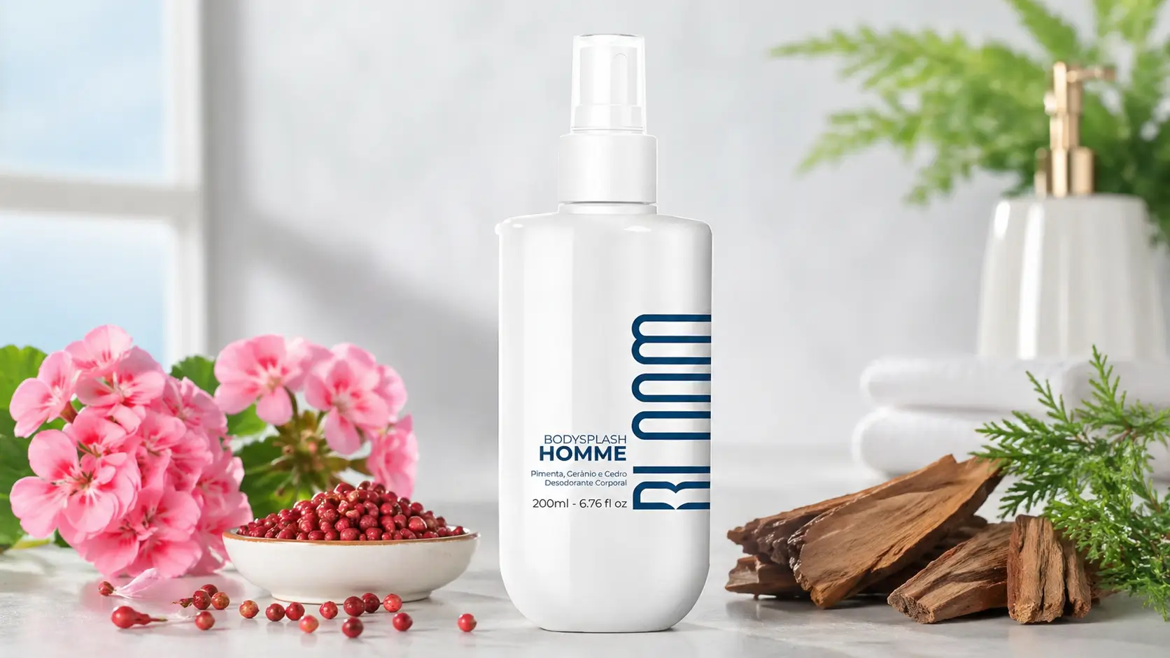 Body Splash Bloom Homme em imagem de destaque com gerânio, pimenta rosa e cedro em cenário claro e fresco.