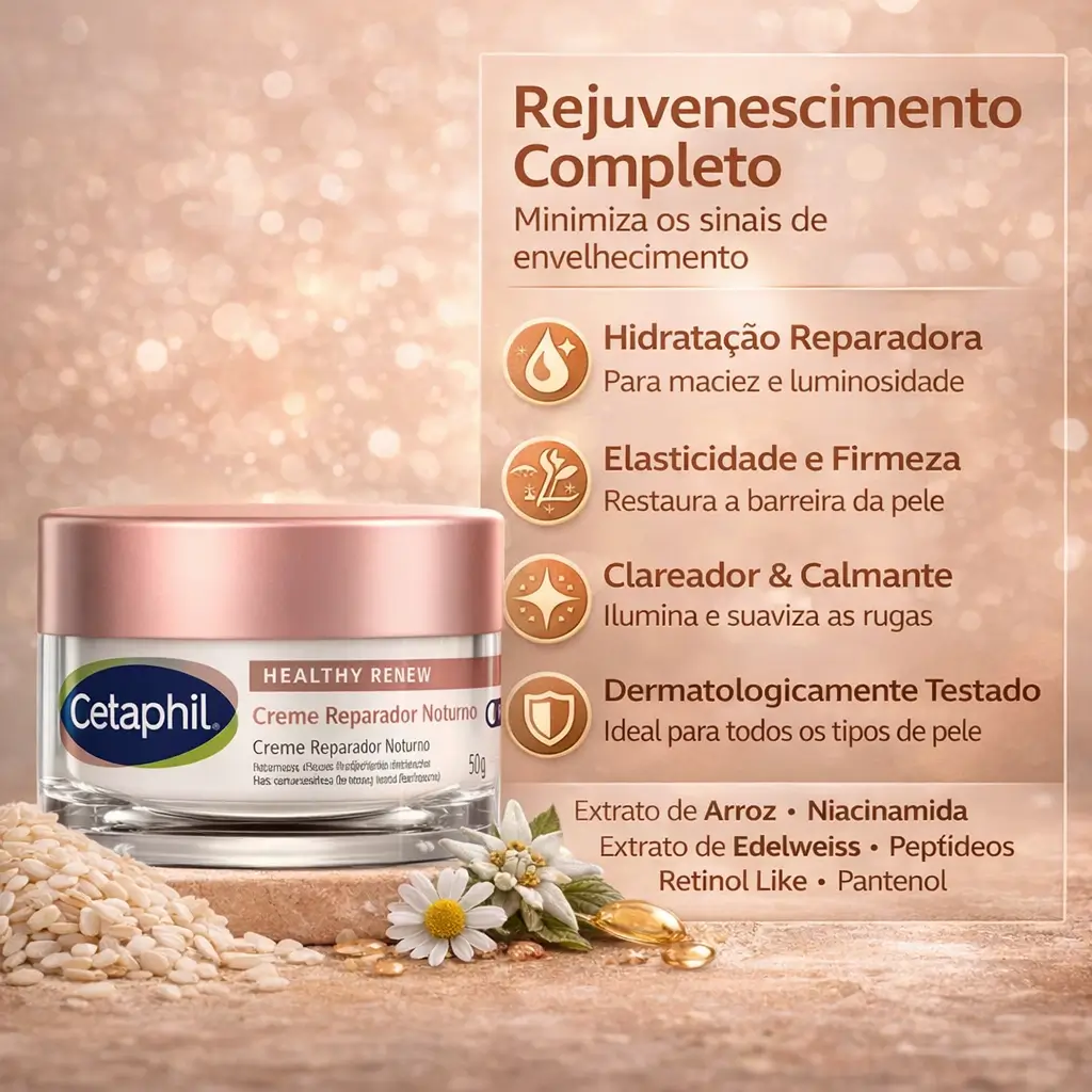 Cetaphil Healthy Renew creme reparador noturno em rotina diária no outono para hidratação e cuidado anti-idade.