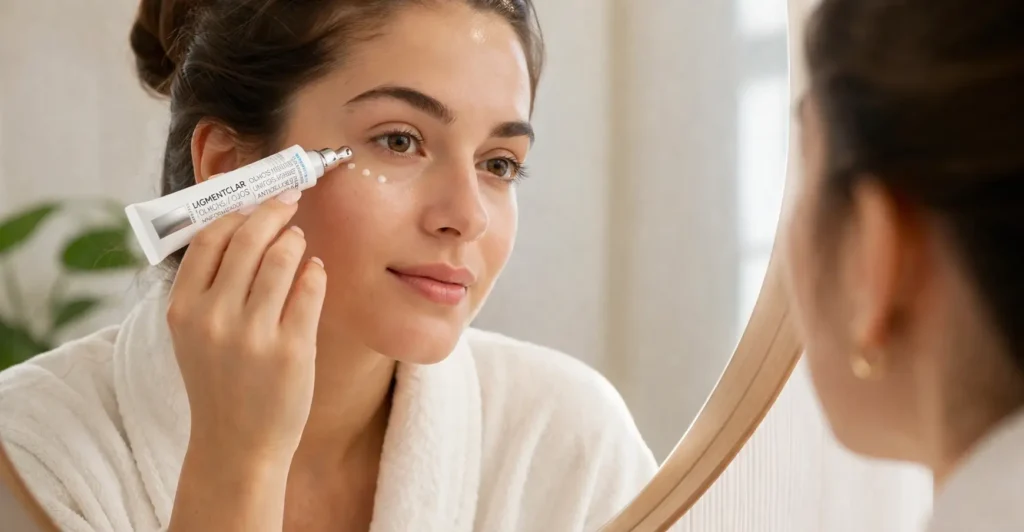 Mulher aplicando creme para contorno dos olhos efeito iluminado em frente ao espelho