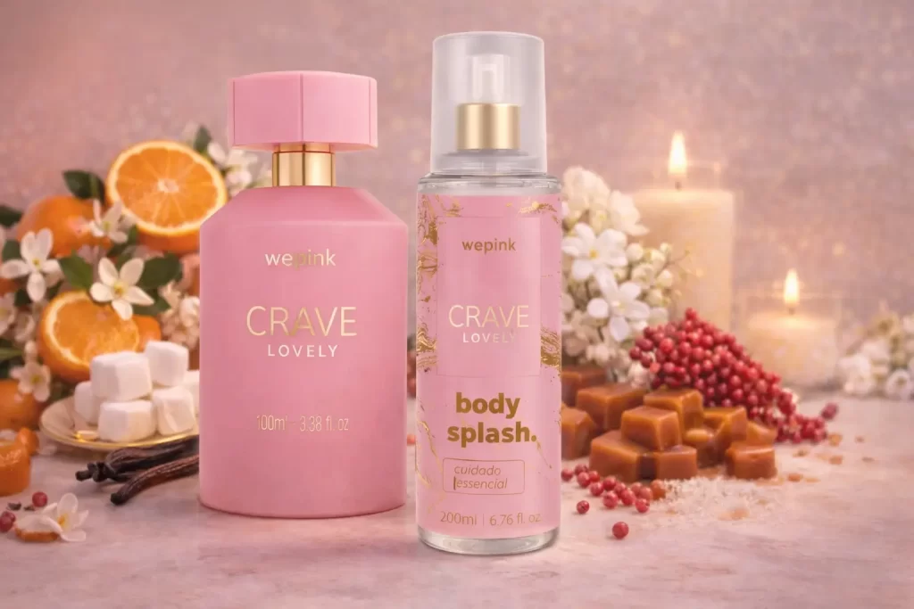 Crave Lovely Wepink com colônia e body splash em cenário com notas florais e gourmand