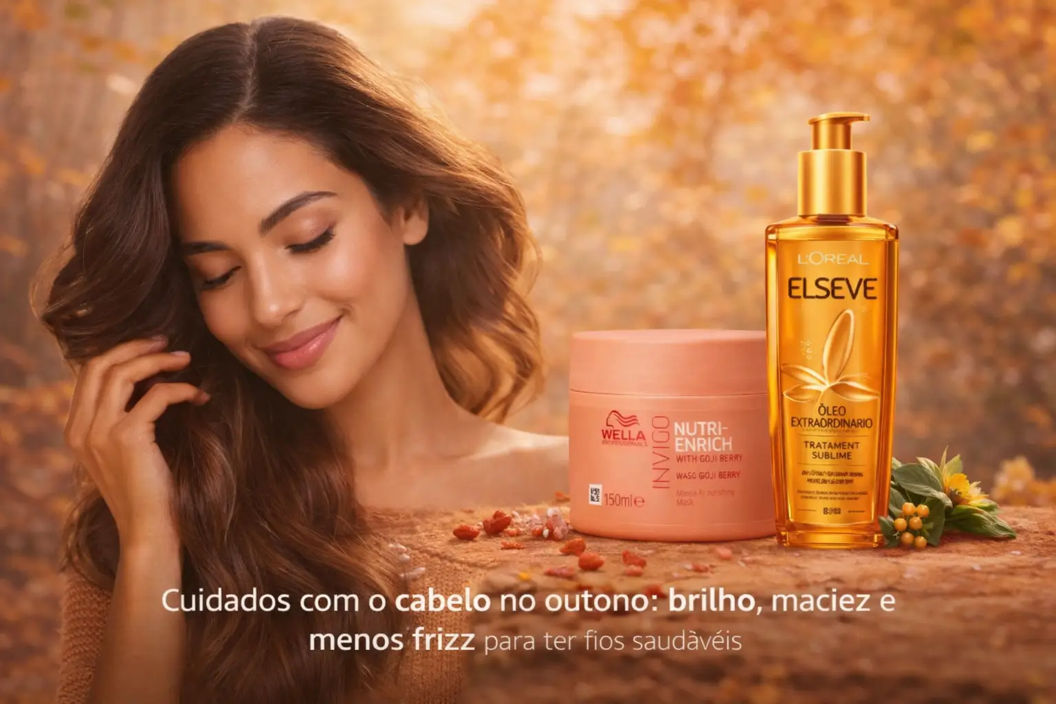 Mulher com fios brilhantes e produtos capilares em cena sobre cuidados com o cabelo no outono