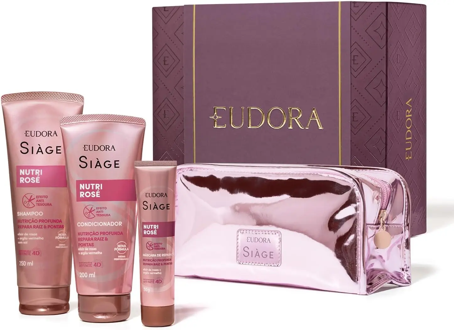 Kit Dia das Mães Eudora Siàge Nutri Rosé com shampoo, condicionador, máscara e nécessaire rosa metalizado.