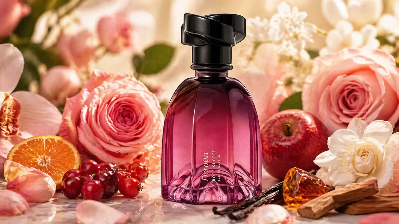 Floratta Rosé Sucrée em imagem de destaque com frasco do perfume cercado por flores, frutas vermelhas e notas cremosas em cenário delicado