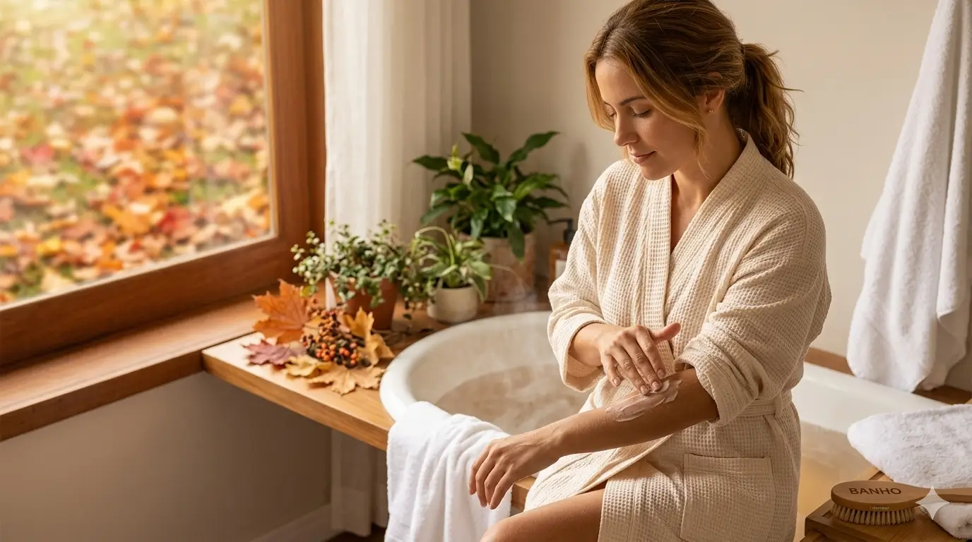 Mulher fazendo hidratação corporal no outono em rotina de autocuidado após o banho