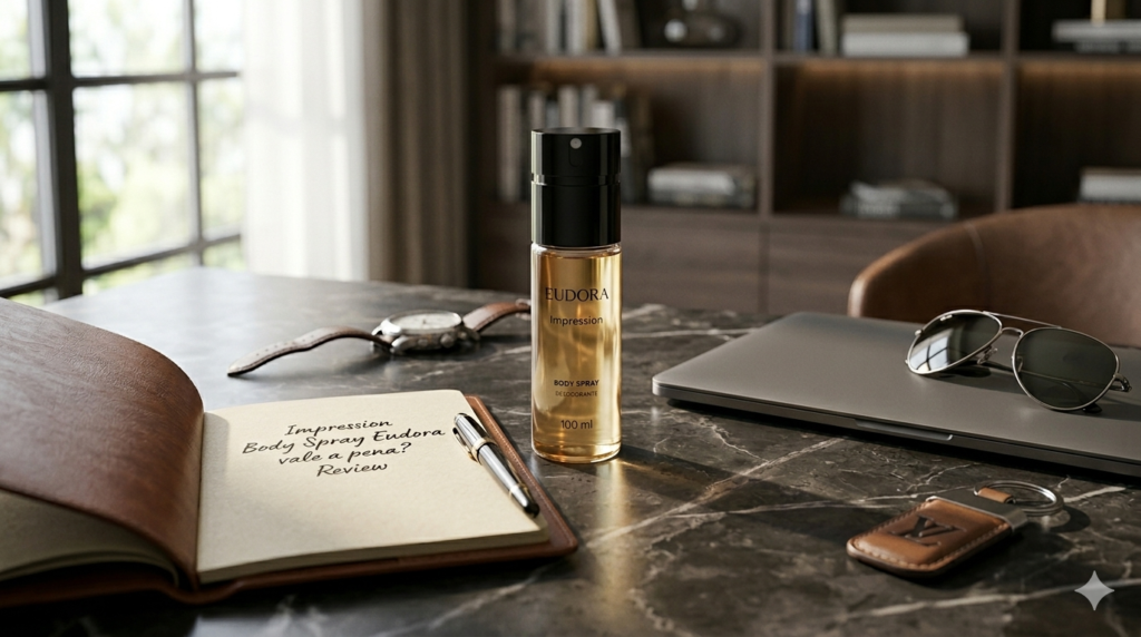 Impression Body Spray Eudora em bancada sofisticada com atmosfera masculina elegante para uso no dia a dia