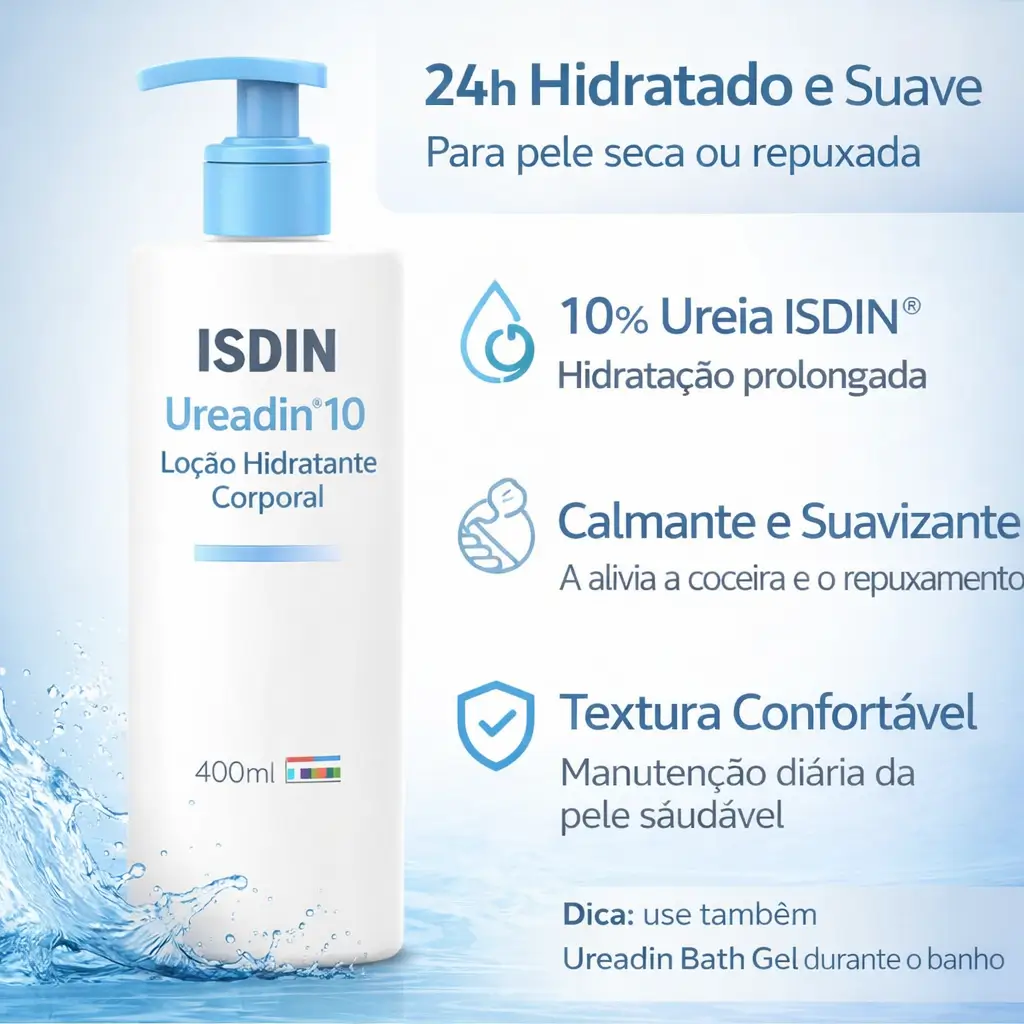 ISDIN Ureadin 10 loção hidratante corporal para pele seca em rotina diária no outono.