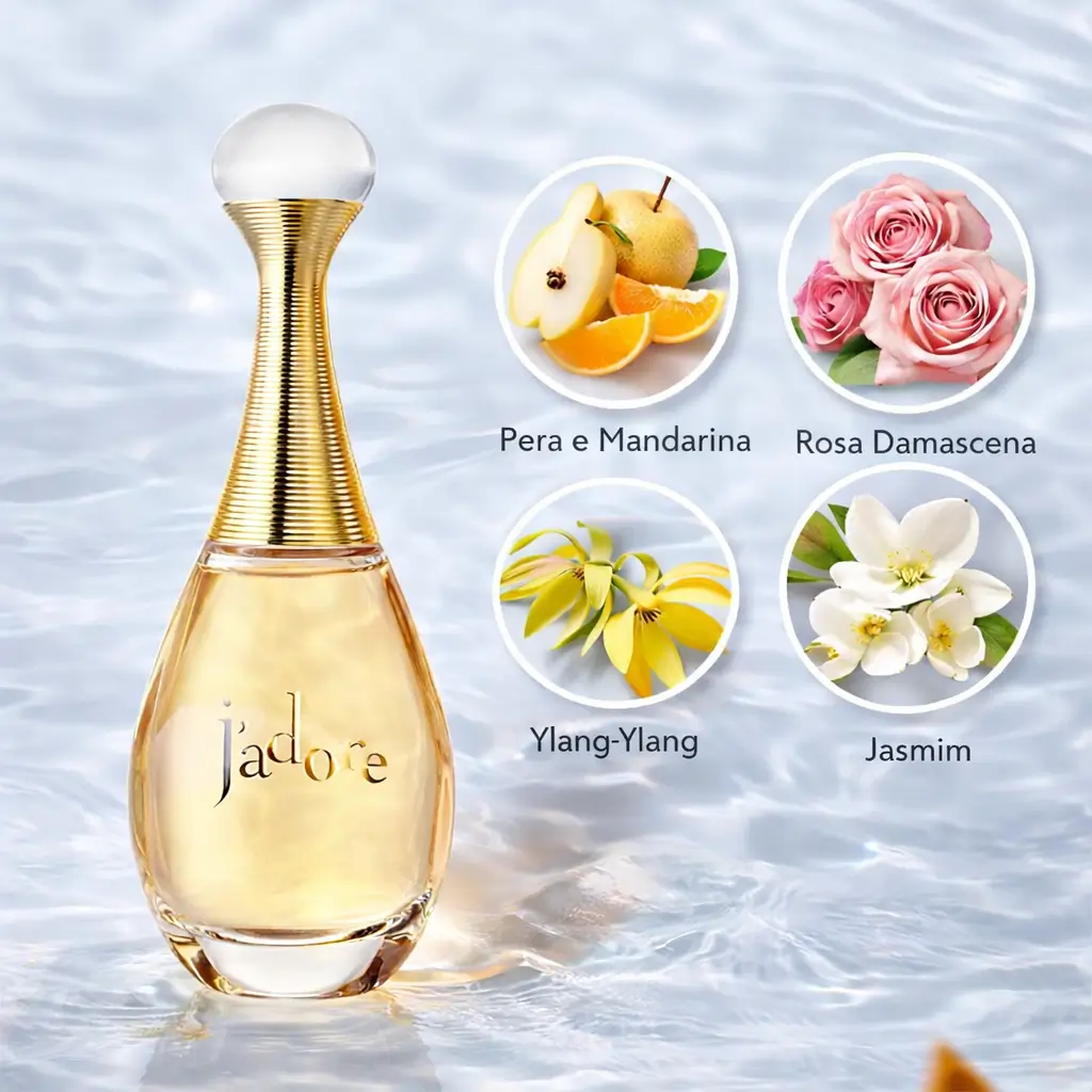 Perfume J’adore Dior com notas florais e frutadas no tema como aplicar perfume no outono
