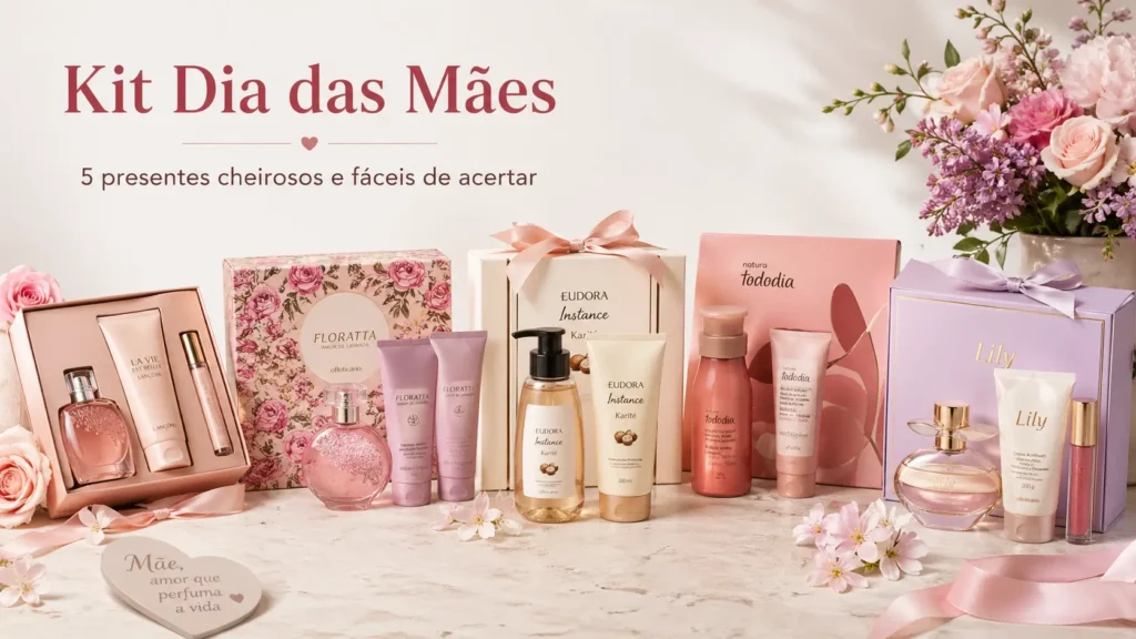Kit Dia das Mães com perfumes, hidratantes e caixas de presente em imagem de destaque delicada e feminina.