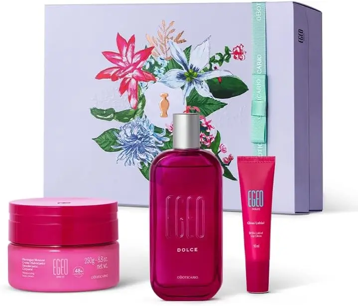 Kit Dia das Mães Egeo Dolce com colônia, hidratante corporal, gloss labial e caixa presenteável.