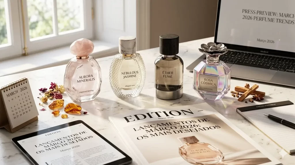 Lançamento de perfumes em março com frascos elegantes e clima editorial de março 2026
