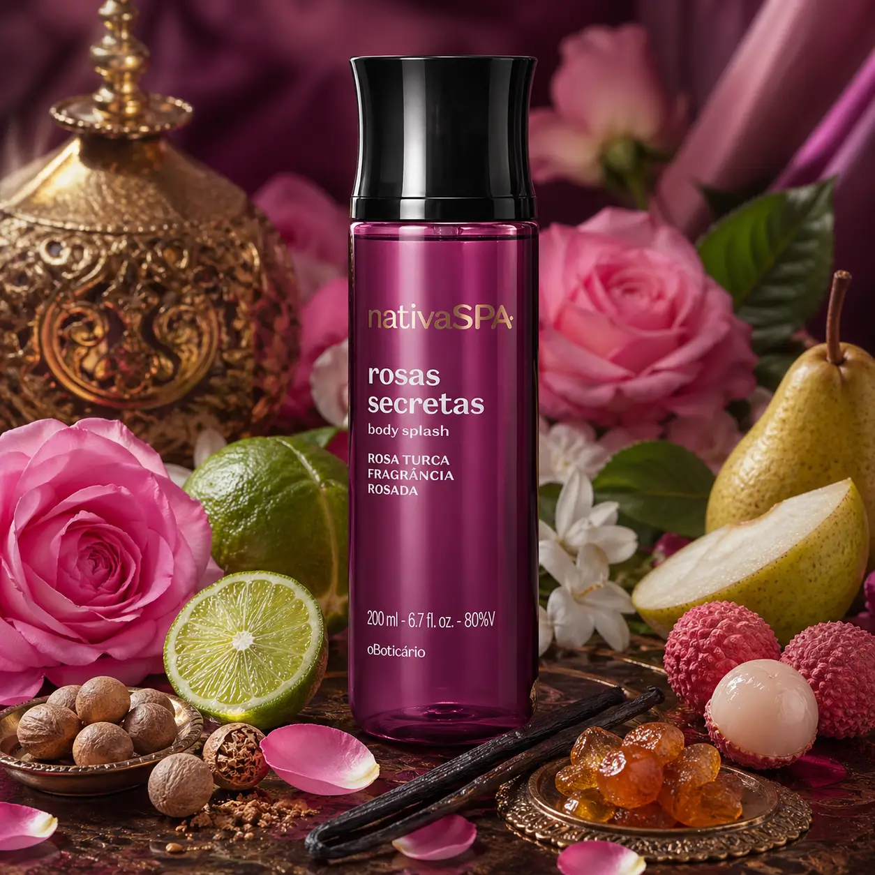 Nativa SPA Rosas Secretas em imagem realista com body splash cercado por rosa turca, lichia, pera, limão e baunilha.