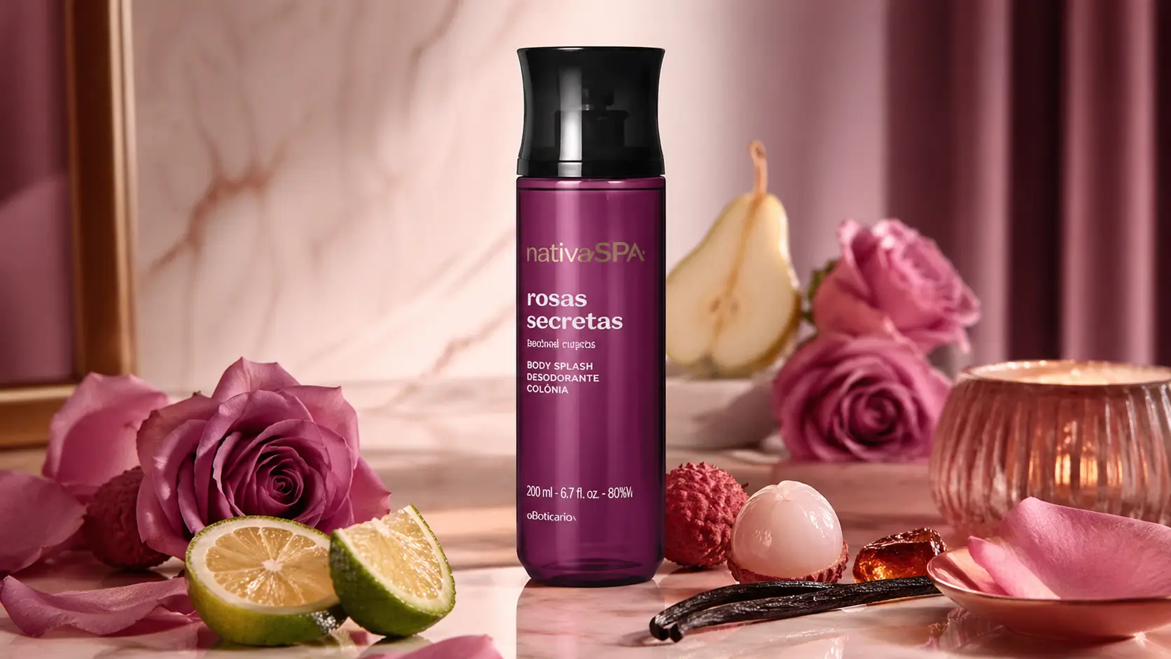 Nativa SPA Rosas Secretas em imagem de destaque com body splash, rosas, pera, lichia, limão e baunilha em cenário delicado.