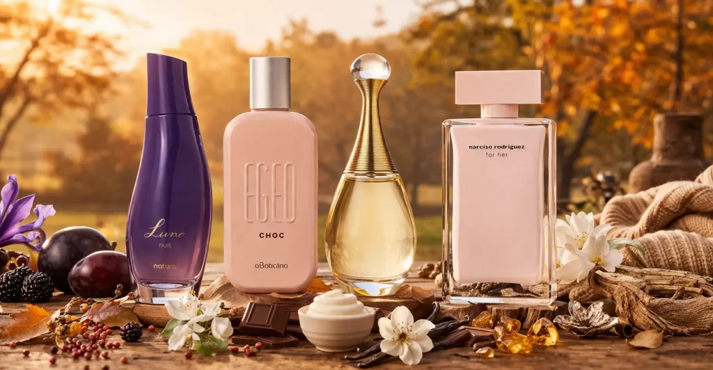 Perfumes de outono em cenário aconchegante com notas florais, frutadas e ambaradas