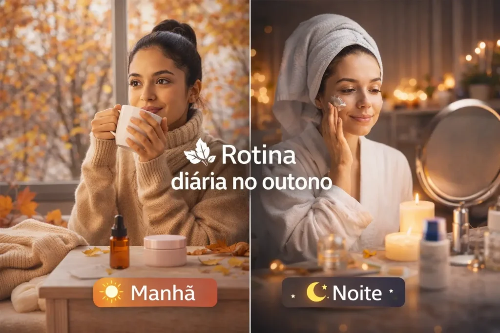 Rotina diária no outono com checklist de manhã e à noite para beleza em imagem horizontal estilo Discover.