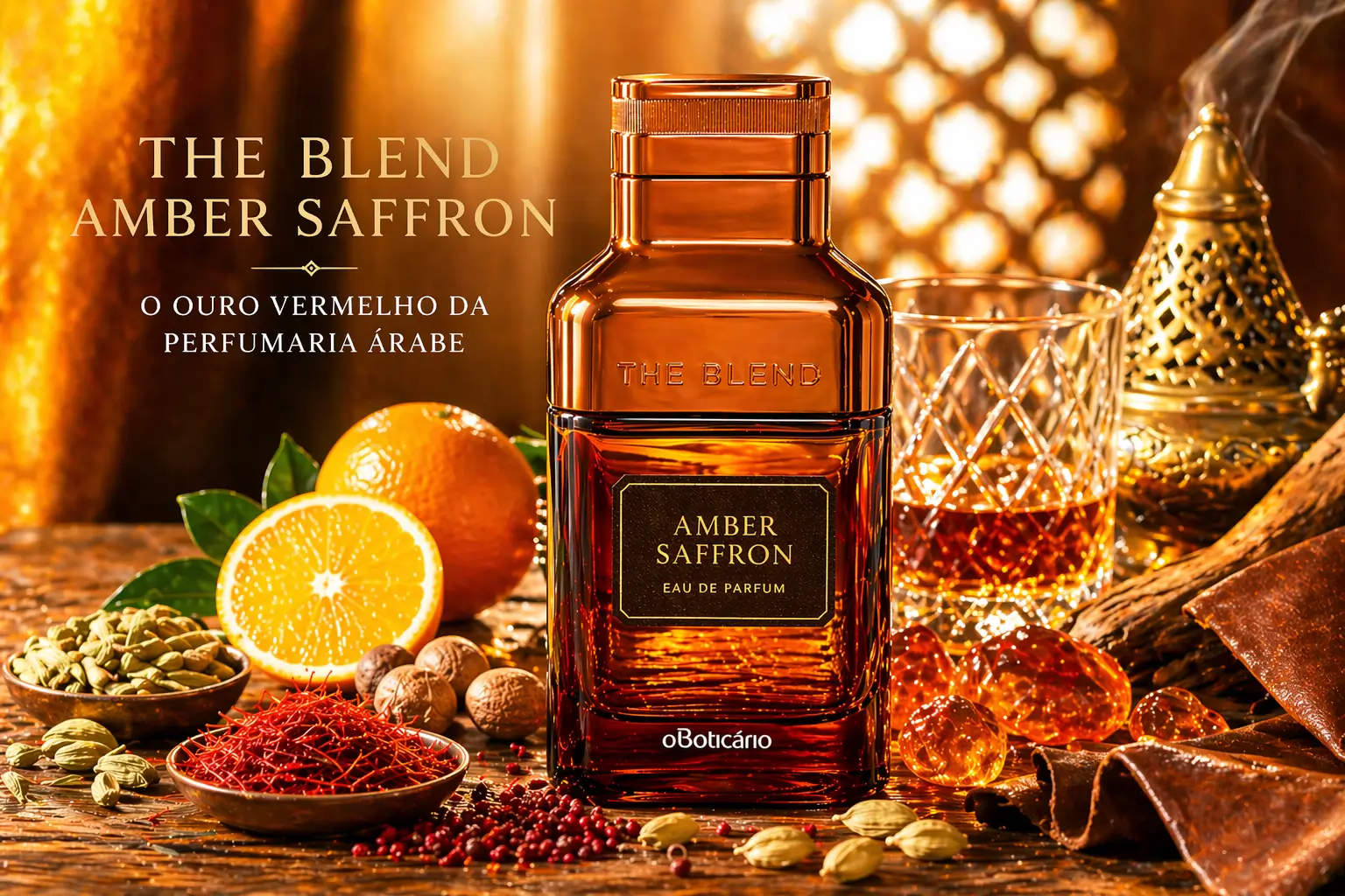 The Blend Amber Saffron de O Boticário em imagem de destaque com açafrão, cítricos, especiarias e atmosfera árabe.
