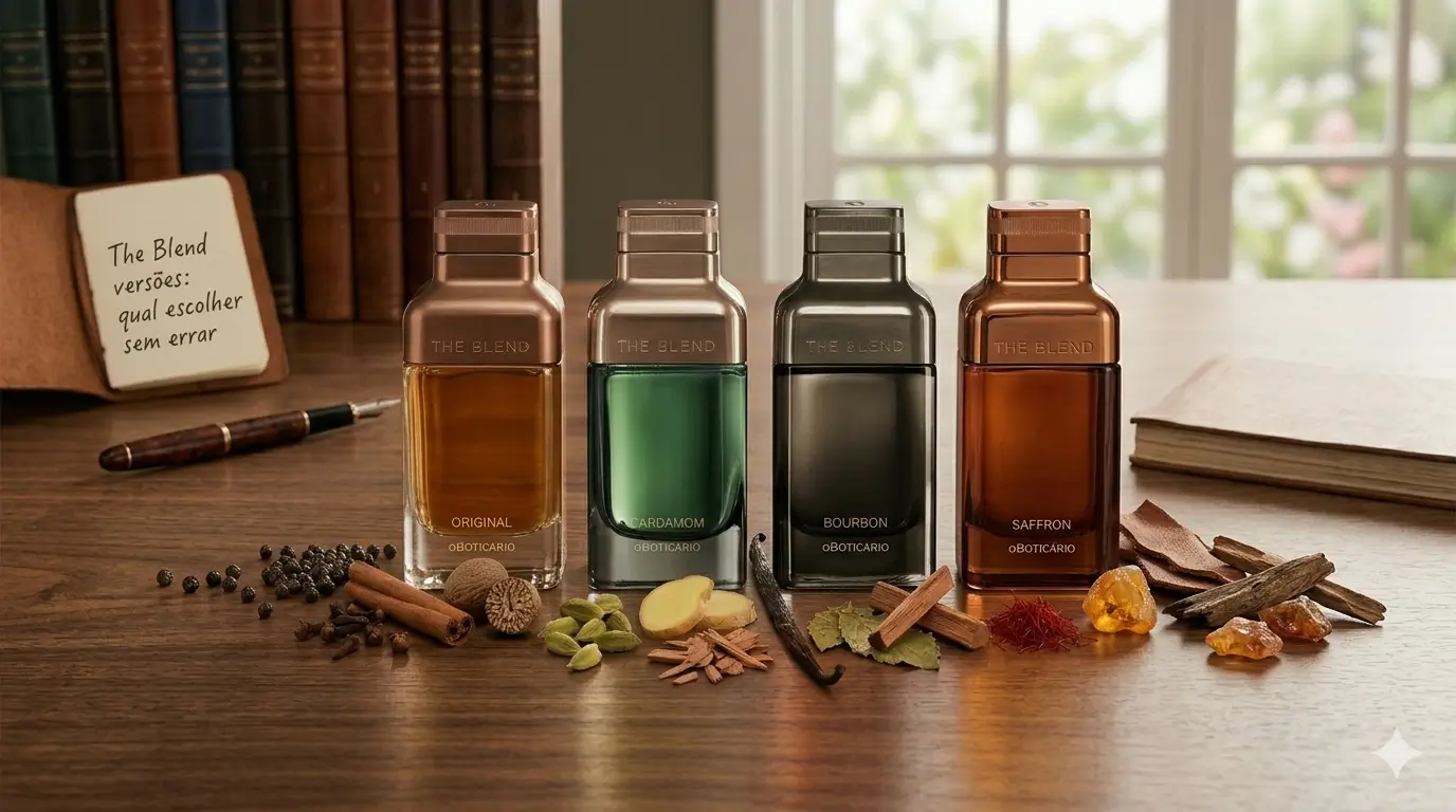 The Blend versões com Original, Cardamom, Bourbon e Saffron lado a lado em imagem comparativa.