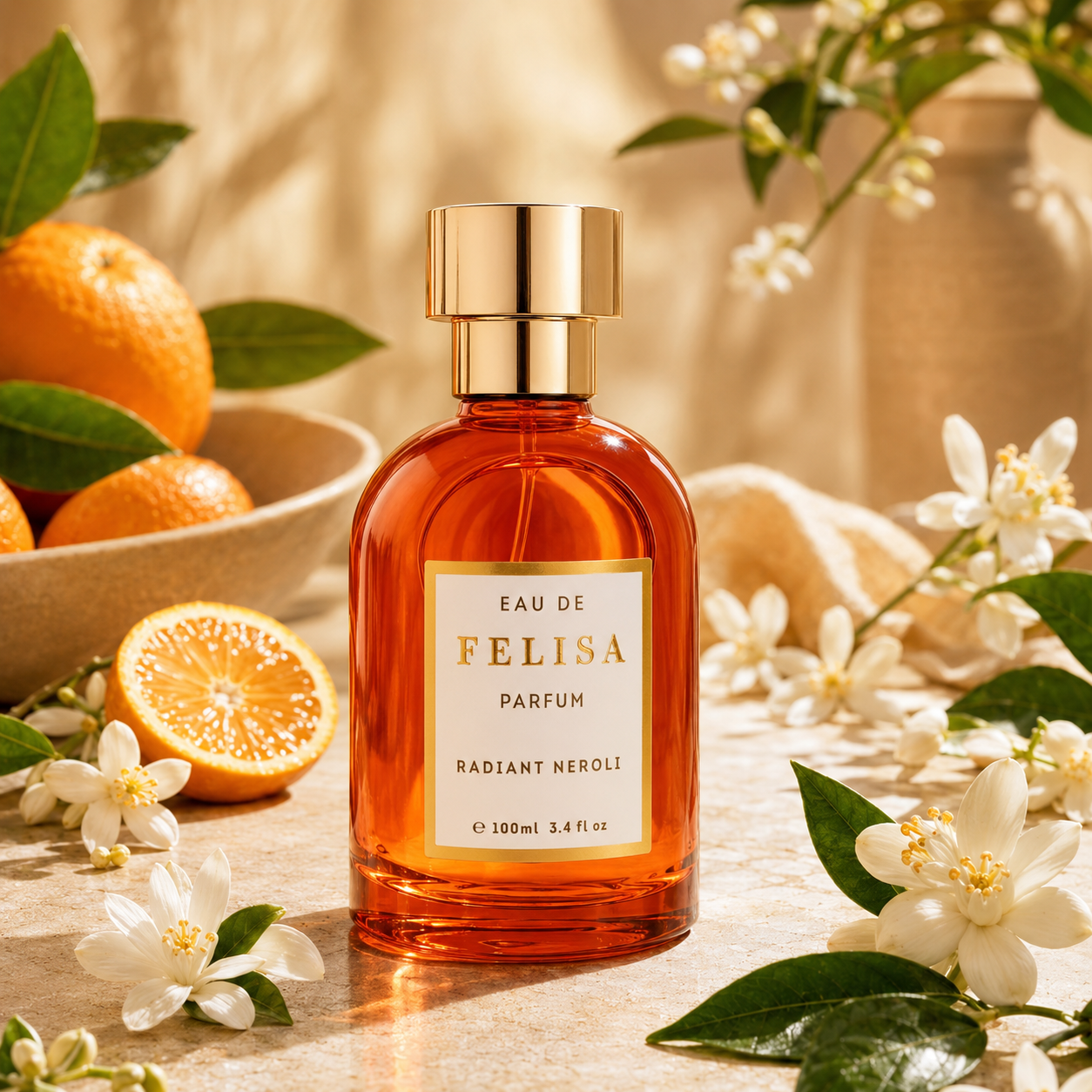 Radiant Neroli Felisa perfume unissex com notas cítricas e flor de laranjeira em cenário com laranjas e flores brancas