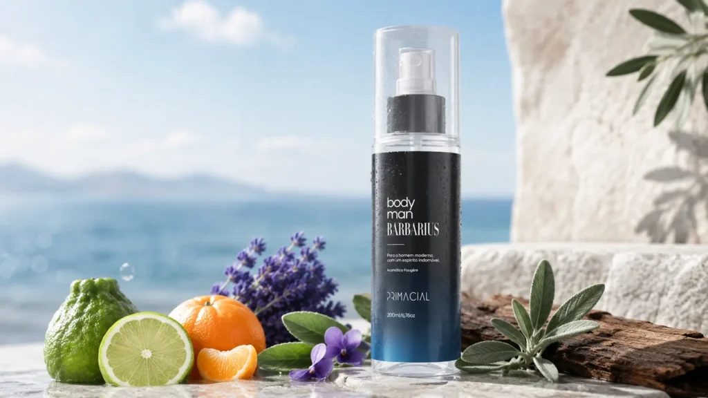 Body Splash Barbarius da Primacial em destaque, com frasco masculino em cenário fresco e sofisticado, cercado por bergamota, lavanda, tangerina, sálvia, folhas de violeta e cedro.