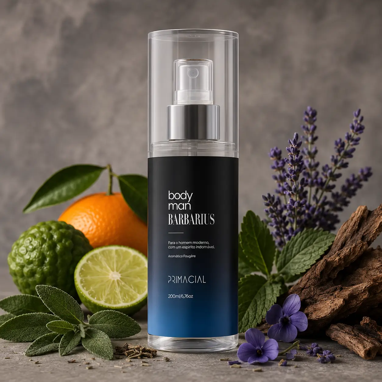 Frasco de Body Splash Barbarius da Primacial posicionado entre ingredientes naturais como bergamota, lavanda, hortelã e madeira, sobre um fundo rústico cinza.