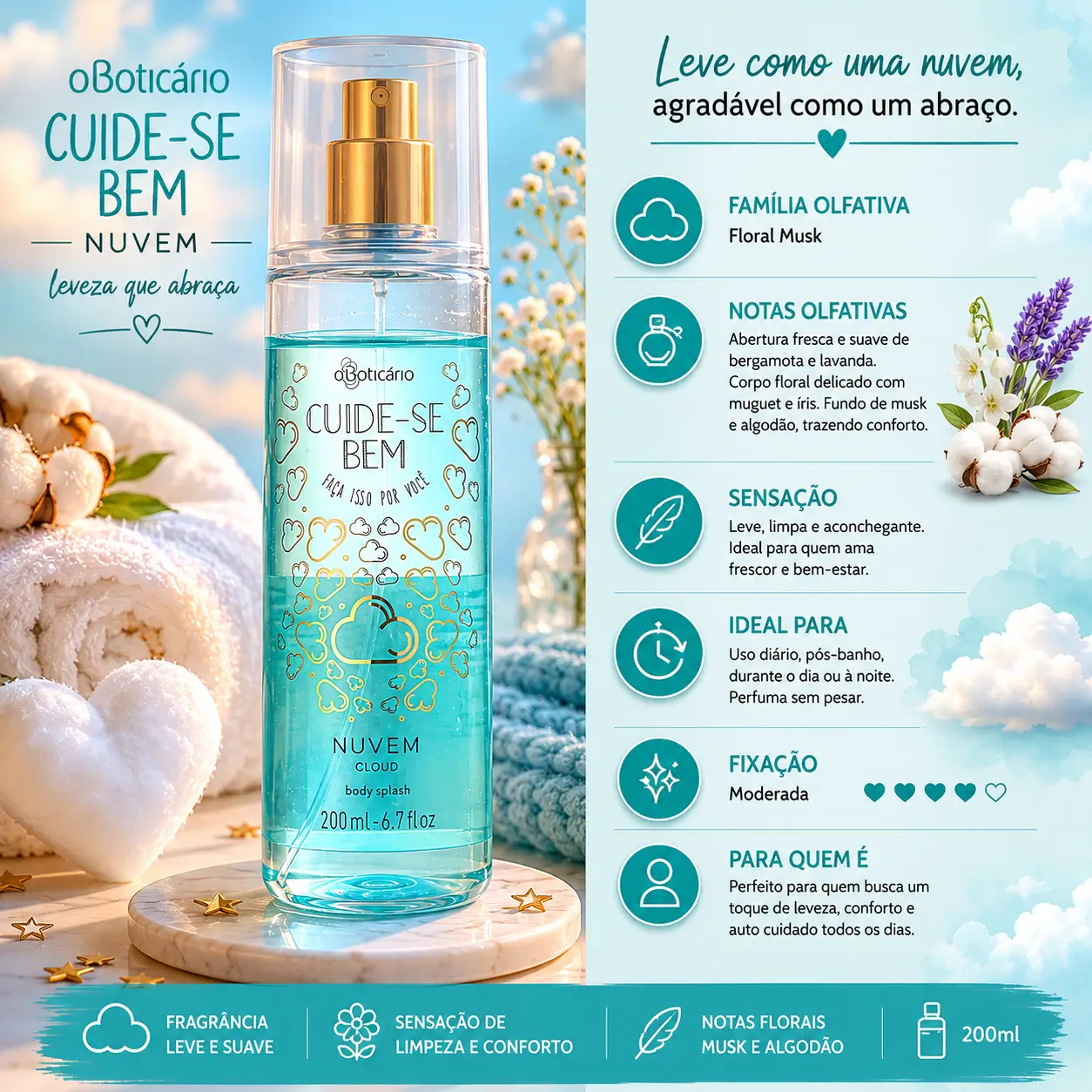 Body Splash Cuide-se Bem Nuvem com fragrância suave e confortável, ideal para quem busca cheiro de abraço e sensação de bem-estar
