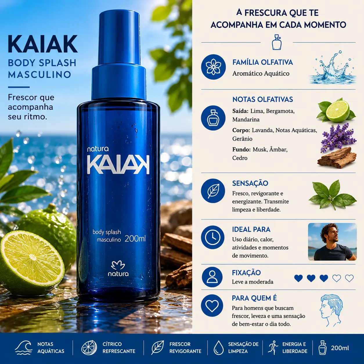Body Splash Kaiak Masculino Natura em cenário aquático com limão e notas frescas destacando fragrância aromática refrescante