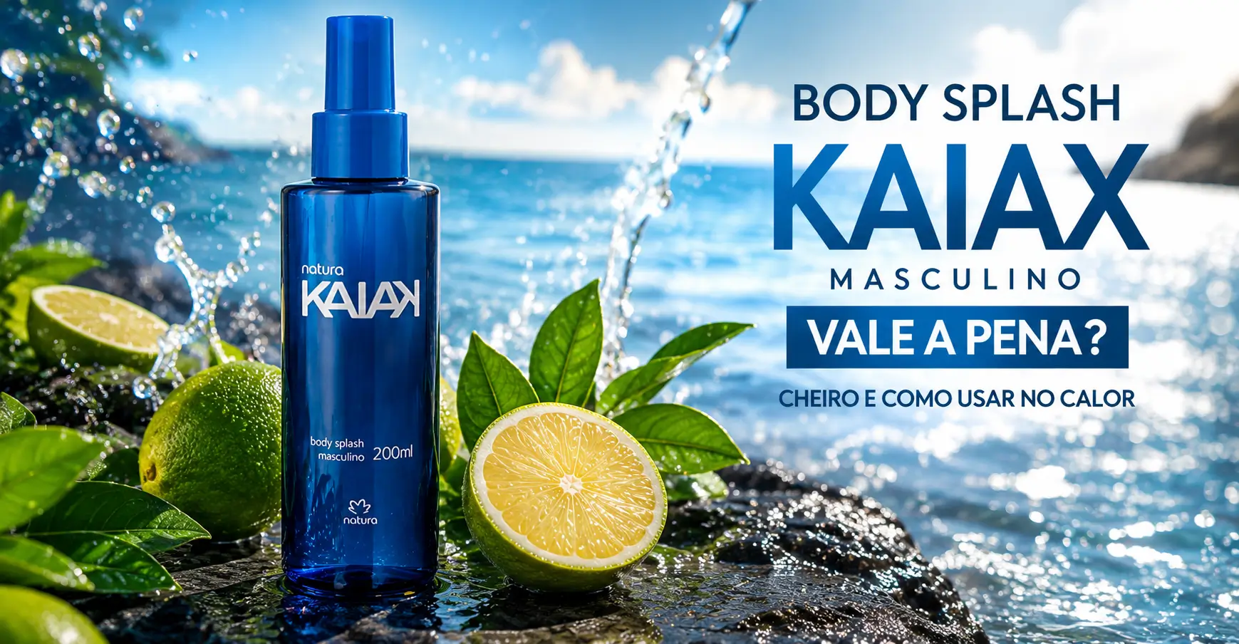 Body Splash Kaiak Masculino Natura em cenário de praia com limão e água destacando fragrância refrescante para o calor