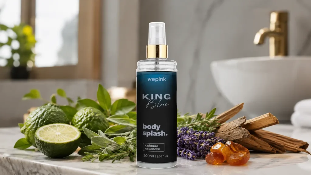 Body Splash King Blue Wepink em imagem horizontal com bergamota, ervas aromáticas, lavanda, madeiras e âmbar ao redor do frasco