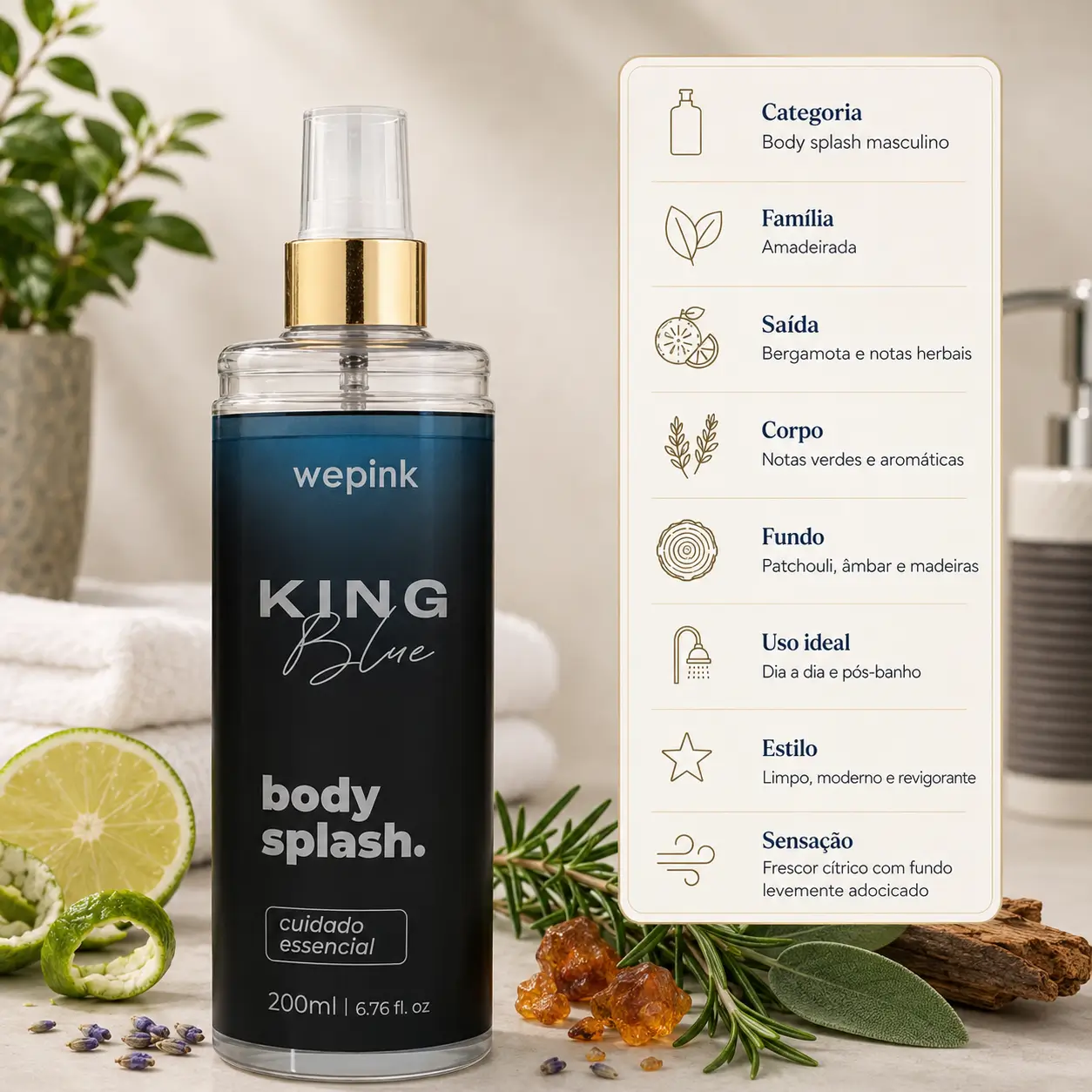 Body Splash King Blue Wepink em imagem 500x500 com frasco ao lado de bergamota, ervas aromáticas, âmbar e madeiras