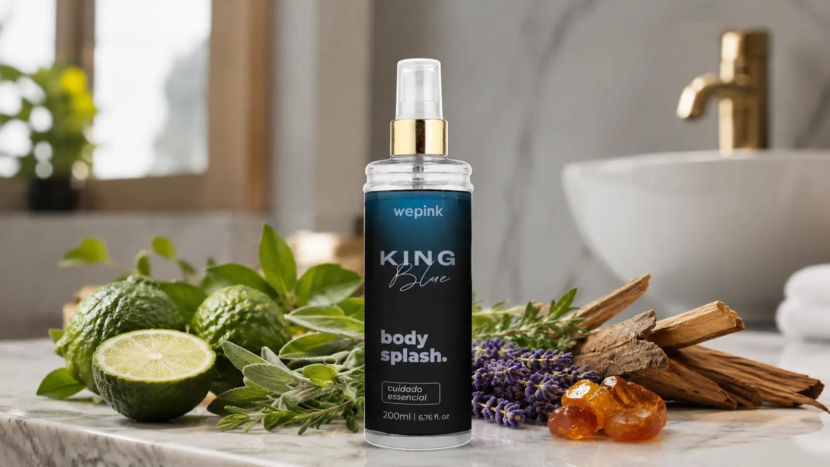 Body Splash King Blue Wepink em imagem horizontal com bergamota, ervas aromáticas, lavanda, madeiras e âmbar ao redor do frasco