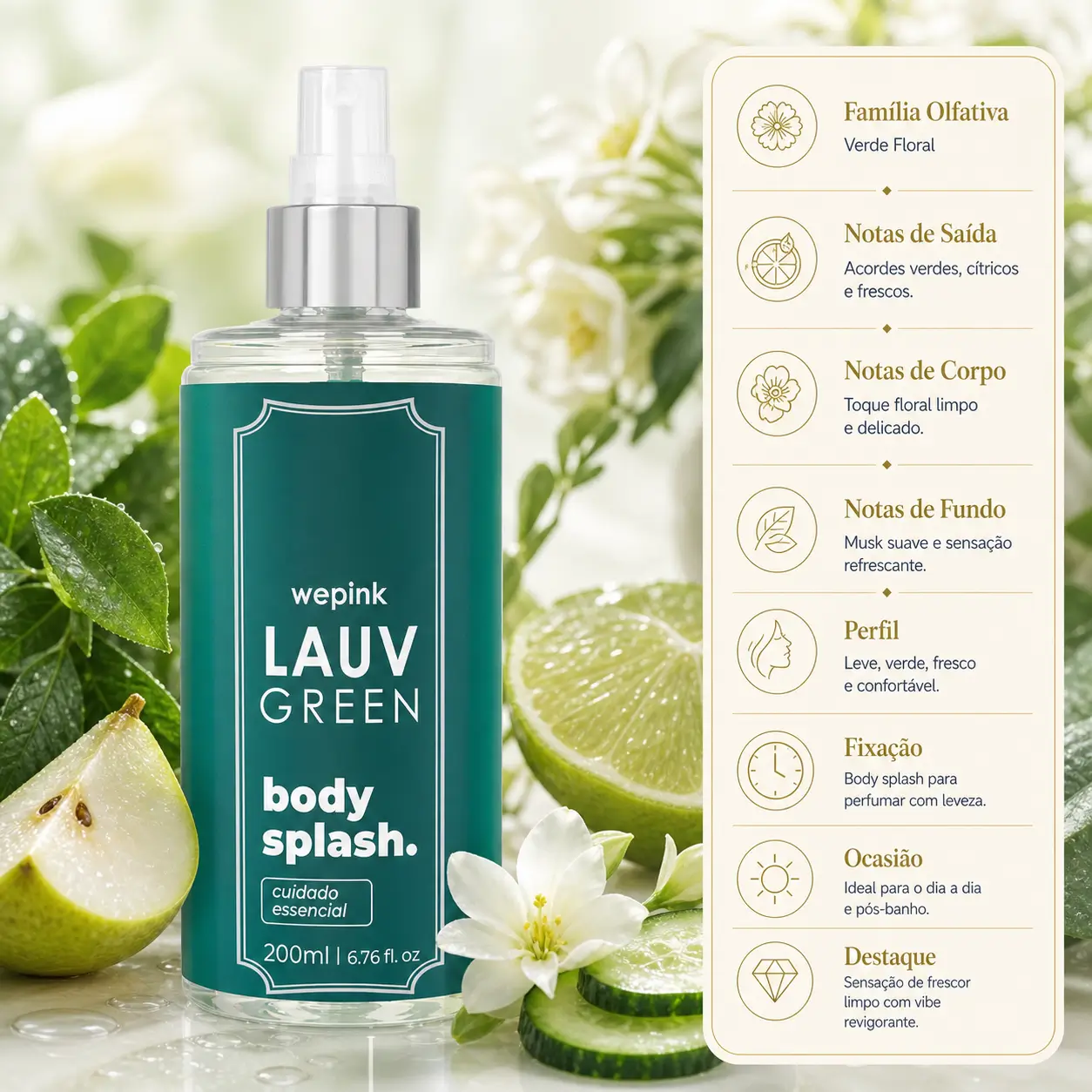 Lauv Green em imagem com body splash cercado por pera, limão, pepino e flores brancas em composição fresca e verde.