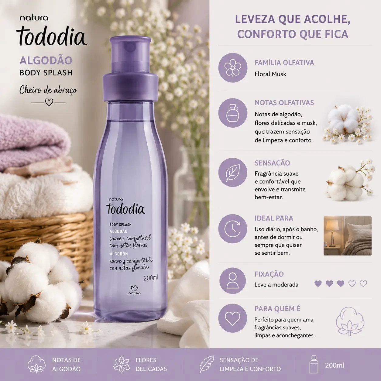 Body Splash Tododia Algodão Natura com fragrância suave e confortável, ideal para quem busca cheiro de abraço e sensação de aconchego