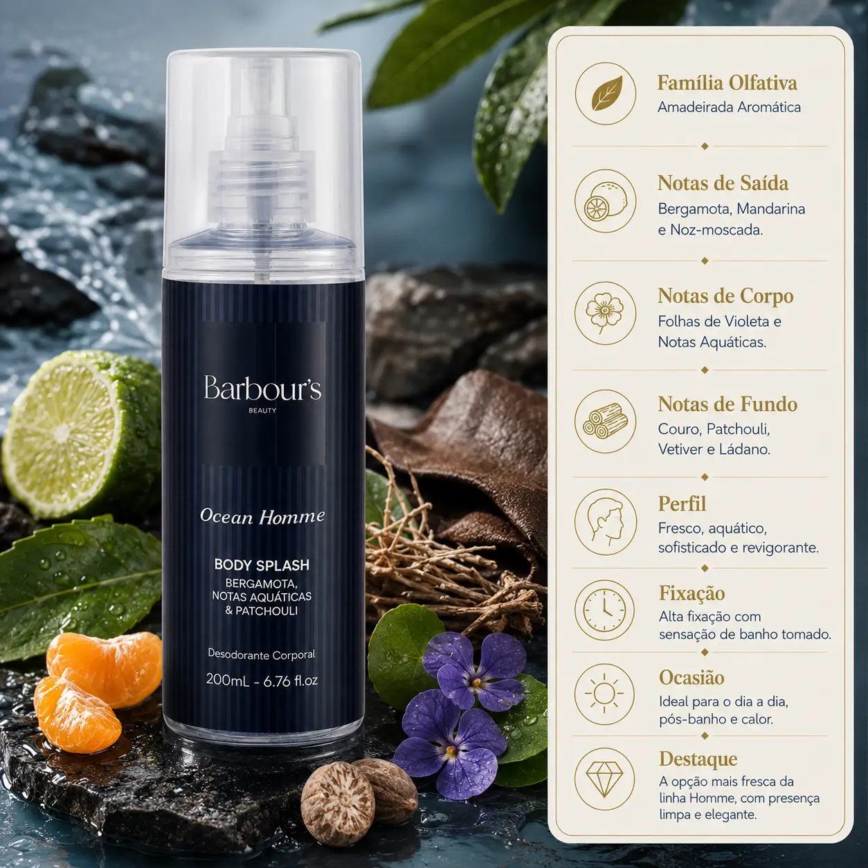 Ocean Homme Barbour’s em imagem com body splash masculino cercado por bergamota, mandarina, folhas verdes, notas aquáticas, couro e vetiver.