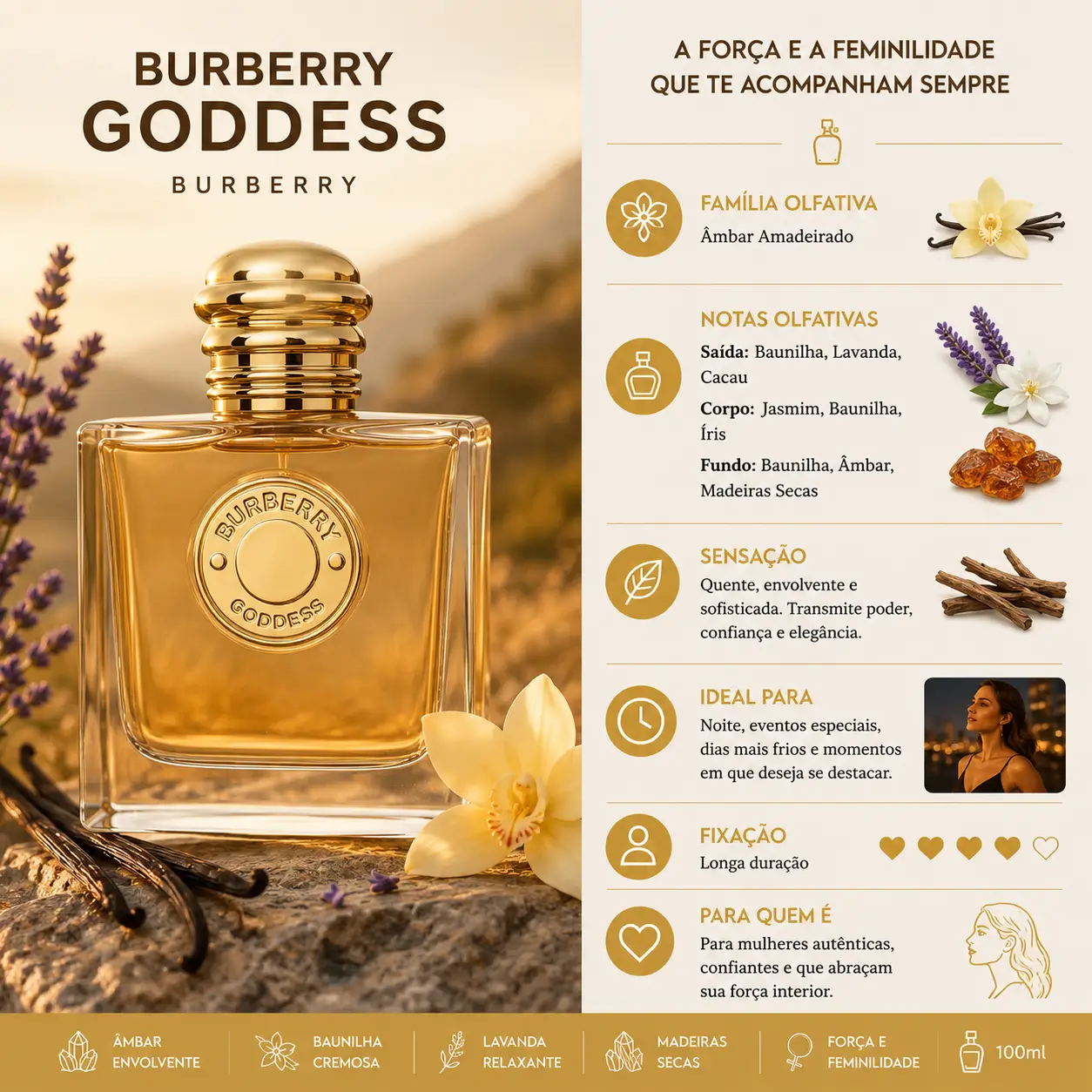 Perfume Burberry Goddess em cenário quente com baunilha e lavanda ideal entre os melhores perfumes para dias frios
