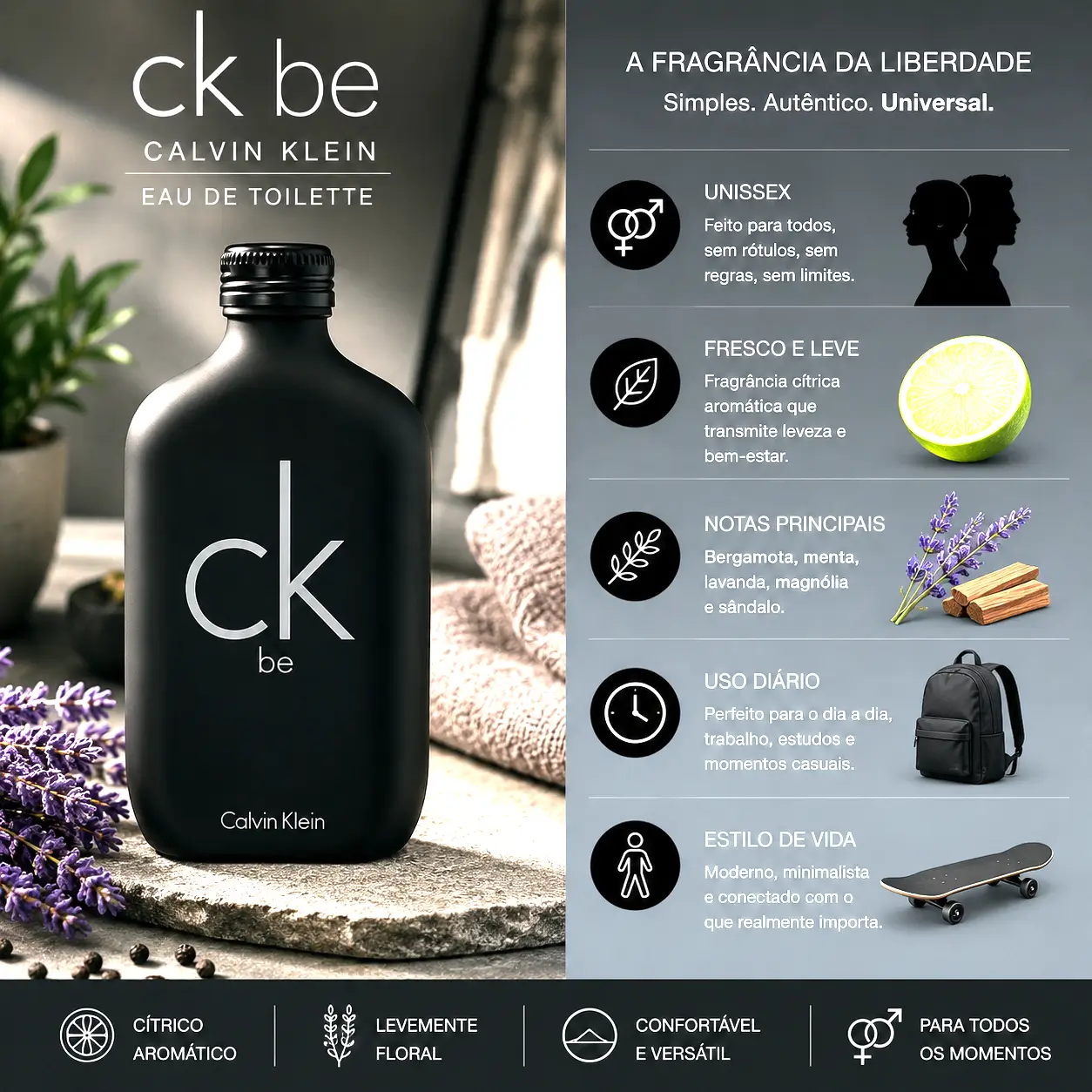 Perfume para relaxar à noite Calvin Klein CK Be Eau de Toilette em frasco preto minimalista com atmosfera tranquila