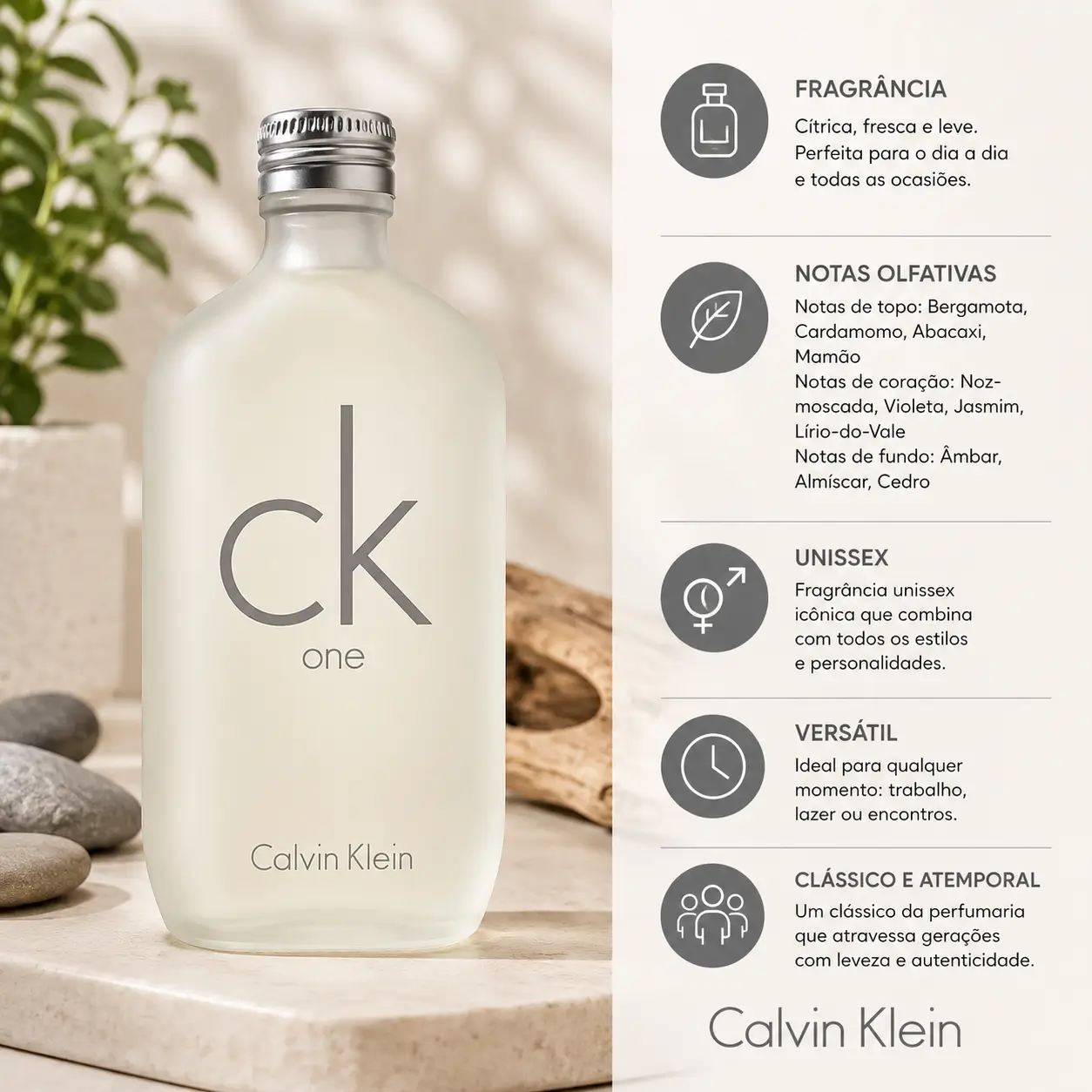 Perfume Calvin Klein CK One com fragrância fresca e cítrica, ideal para quem busca cheiro de rica no calor