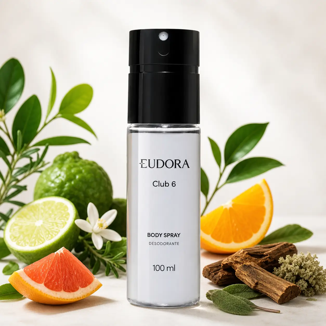 Club 6 Body Spray da Eudora em imagem realista com o frasco em destaque e elementos da fragrância ao redor, como notas cítricas e amadeiradas.