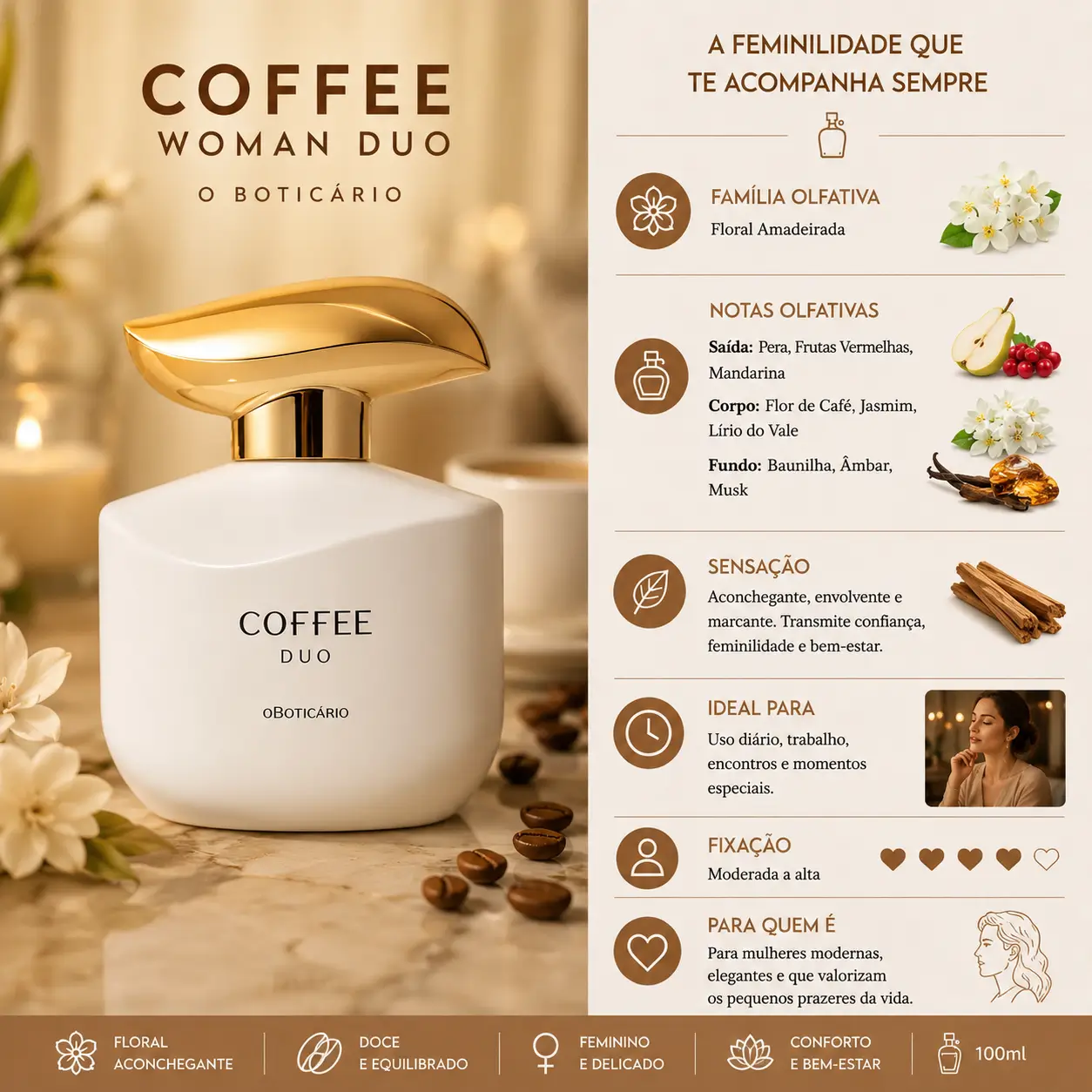 Perfume Coffee Woman Duo O Boticário em destaque com notas quentes e aconchegantes, ideal entre os melhores perfumes para dias frios