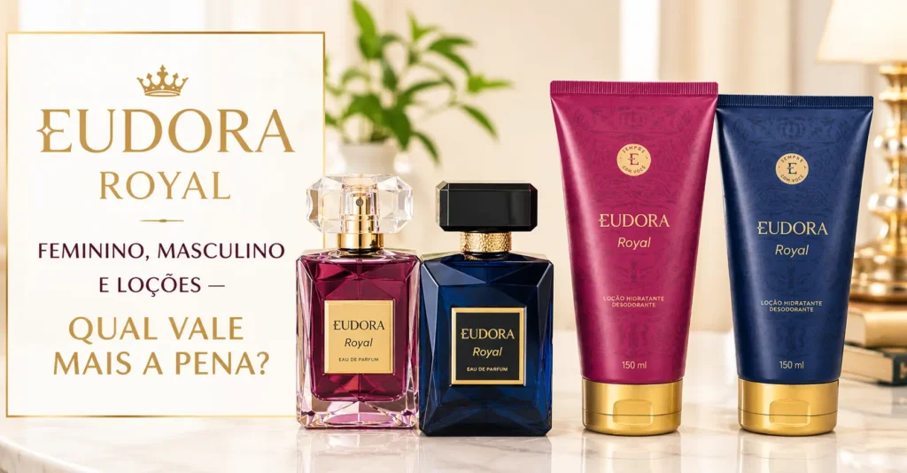 Linha Eudora Royal com perfumes feminino, masculino e loções hidratantes em cenário sofisticado e elegante