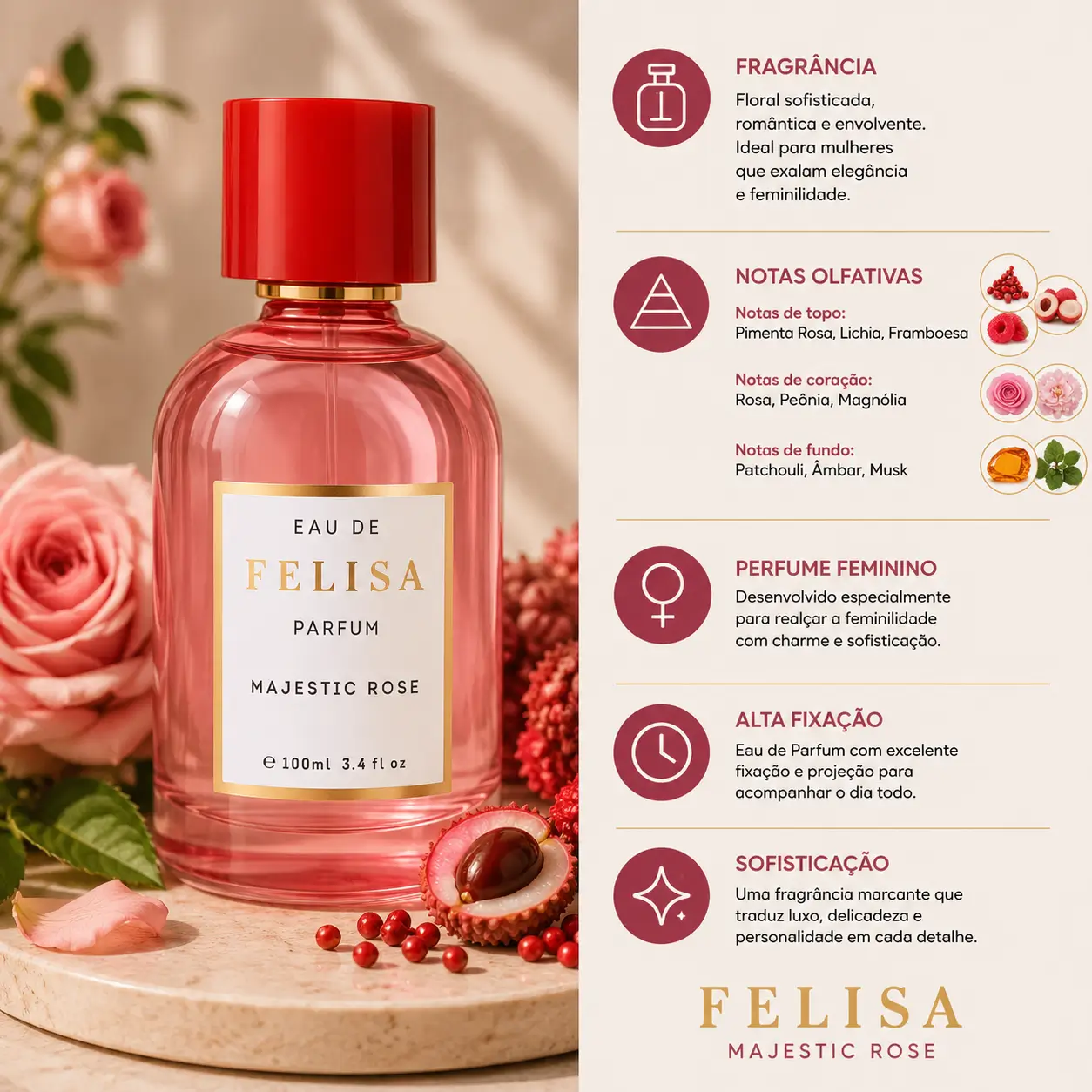 Perfume Felisa Majestic Rose Eau de Parfum 100ml feminino em frasco elegante com rosas e notas florais ao redor